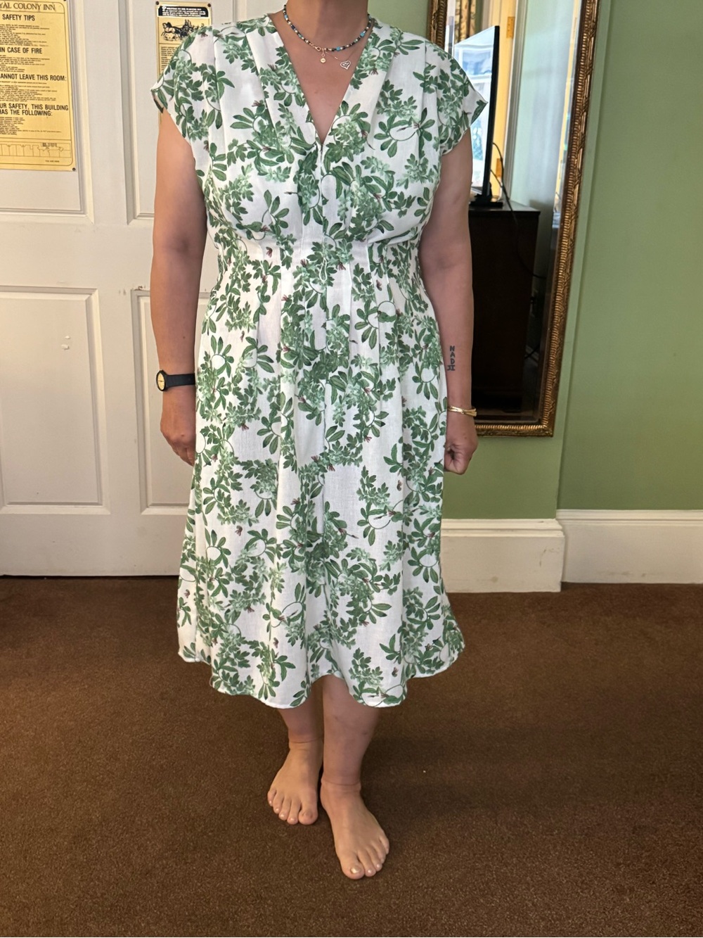 Max Studio White Midi Dress with Green Floral Print